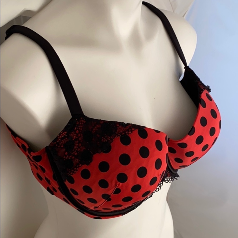 Cacique Boost Plunge polka dot red and black lace trimmed bra 40D - Picture 2 of 11